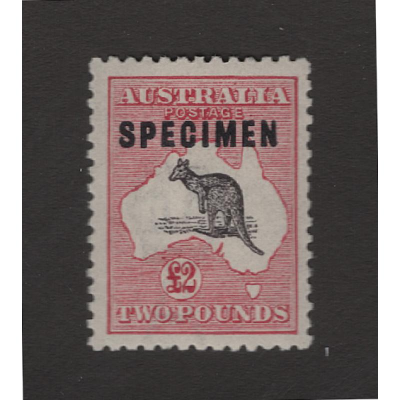(PB1511) AUSTRALIA · 1930: fresh VLH £2 black & rose Roo (3rd Wmk) with Type C SPECIMEN overprint BW 56xb · quite well-centred and in fine condition front and back · c.v. AU$500 (2 images)