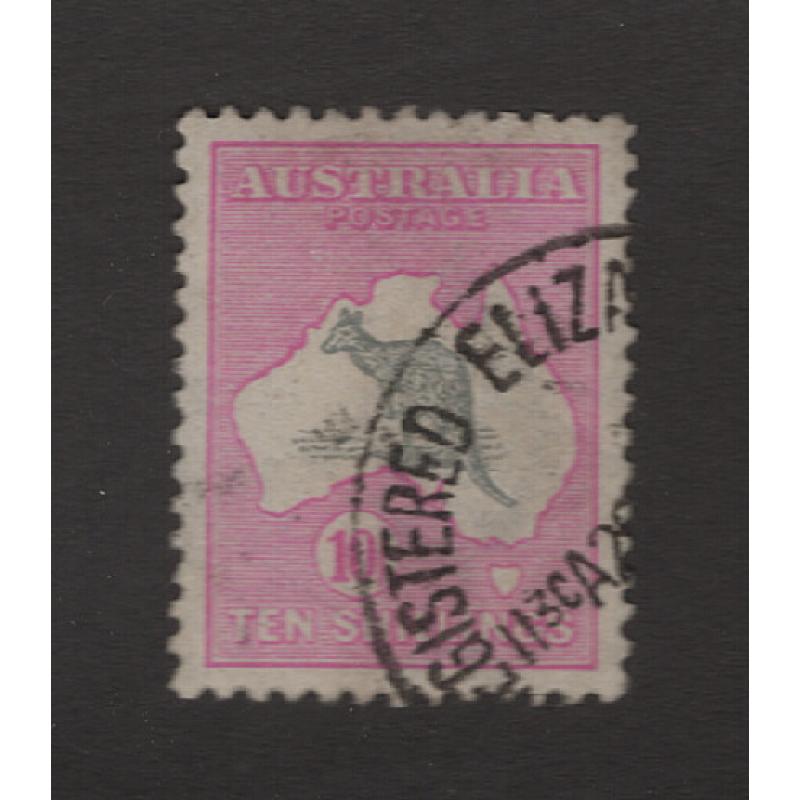 (PB1513) AUSTRALIA · 1918: commercially used Die 2 10/- grey & deep aniline-pink Roo (3rd Wmk) BW 48B with excellent centering · c.v. AU$425 (2 images)