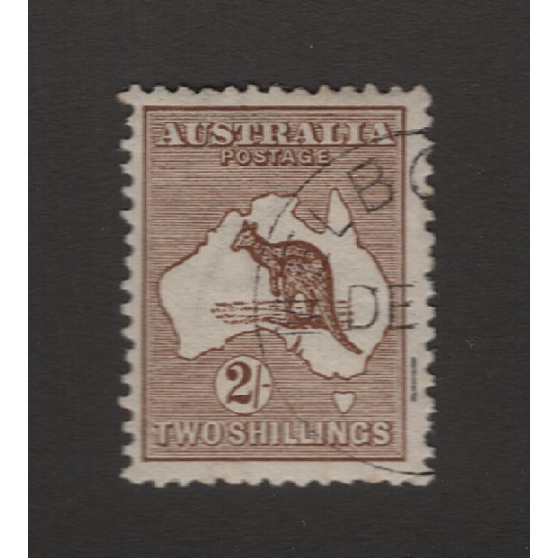 (PB1516) AUSTRALIA · 1913: CTO 2/- brown Roo (1st Wmk) BW 35wb · some minor gum disturbance and clean hinge remnants so please view both largest images · excellent colour and appearance from the business side · c.v. AU$300 (2 images)