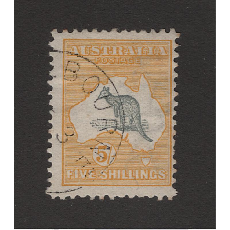 (PB1517) AUSTRALIA · 1913: CTO Die 2 5/- grey & chrome Roo (1st Wmk) BW 42wb · some gum disturbance and a hinge remnant so please view both largest images · c.v. AU$300 (2 images)