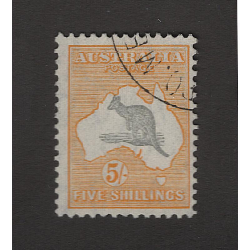 (PB1523) AUSTRALIA · 1932: FU Die 2 5/- grey & yellow Roo (CofA wmk) SG 135 · o/c to right · fine example · c.v. £25