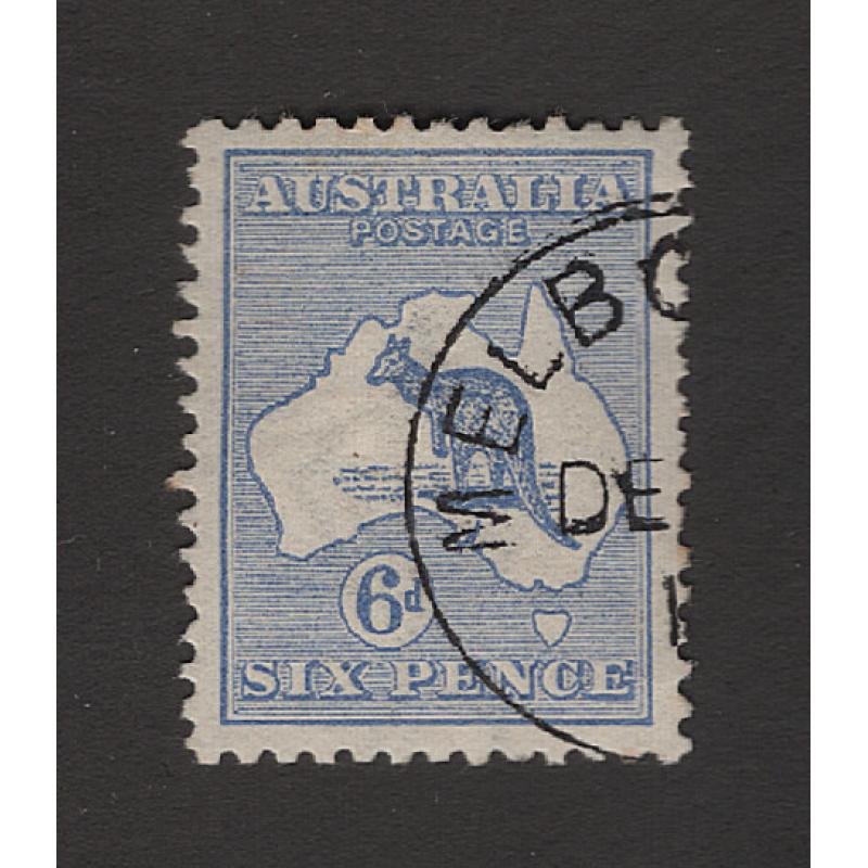 (PB1524) AUSTRALIA · 1913: 6d blue Roo c.t.o. at Melbourne BW 17Aw(b or c) · gum has clean hinge remnant · some shortish perfs and one tip is lightly tones but overall appearance is excellent · · c.v. AU$100