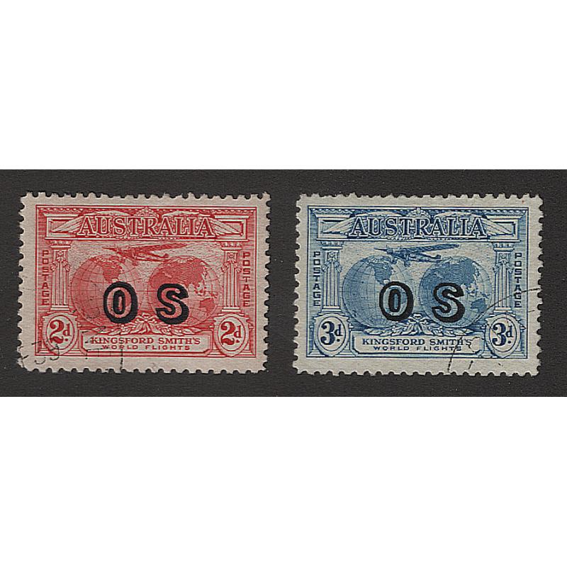 (PB1529) AUSTRALIA · 1931: Kingsford Smith OS overprint duo SG O123/4 both in VF condition and lightly cancelled  · no gum · c.v. £130 as CTO examples (2)/4 both in VF condition and lightly cancelled  · no gum · c.v. £130 (2)