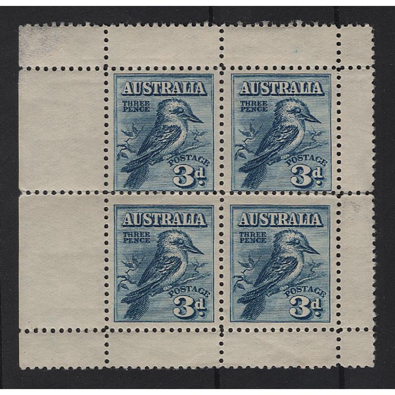 (PB1531) AUSTRALIA · 1938: mint 3d blue Kooka m/sheet SG MS106 (stamps are MNH) · some perf separation from R in centre row of perfs; selvedge at UL corner has been thinned however the items is very collectable · c.v. £130 (2 images)