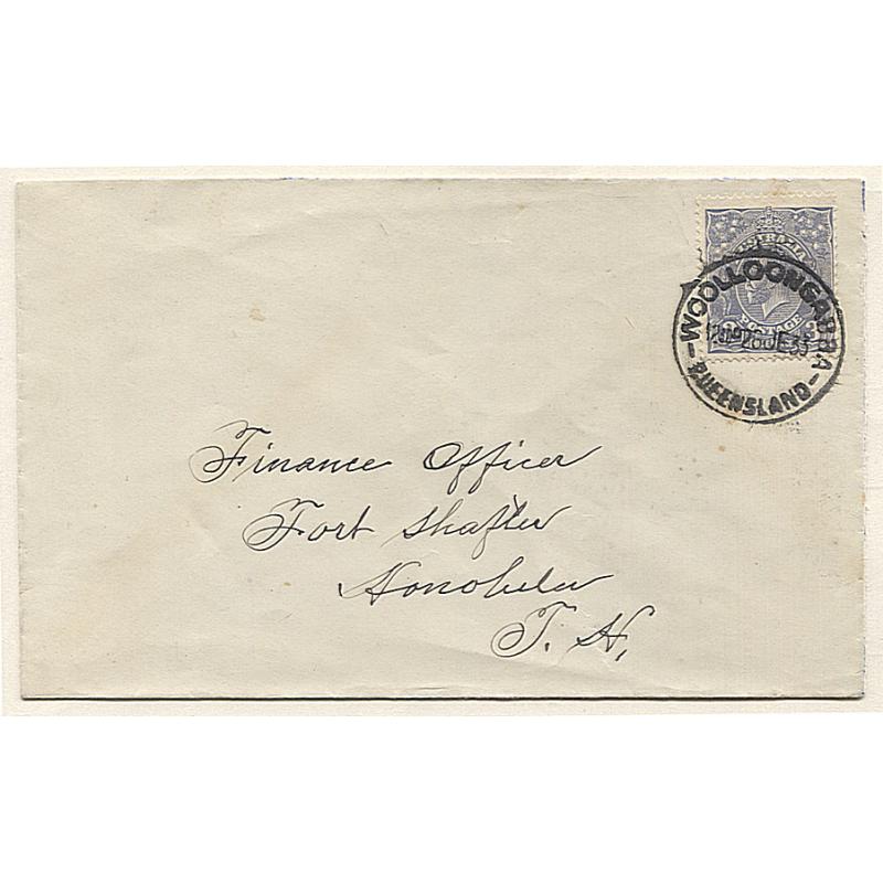 (PE10029) QUEENSLAND · AUSTRALIA · 1933: neat cover to Honolulu with 3d blue KGV franking tied by a full clear strike of the WOOLLOONGABBA Type 1t(ii) cds · excellent condition · scarce destination for period