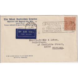 (PE1010) AUSTRALIA · 1938: air mail cover to G.B. with single 5d KGV (CofA wmk) paying the "All Up" rate for up to ½oz. · stamp has FLAW BEHIND KING'S HEAD variety ACSC 127(3)e (2 images)