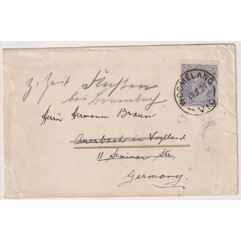 (PE1011) AUSTRALIA · 1921: small slightly worn cover to Germany with 3d violet-blue KGV franking paying the sea mail rate for up to 1oz. · stamp has LARGE TRIANGULAR FLAW IN RH WATTLES variety ACSC 104m (2 images)