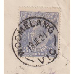 (PE1011) AUSTRALIA · 1921: slightly worn small cover to Germany with 3d violet-blue KGV franking paying the sea mail rate for up to 1oz. · stamp has LARGE TRIANGULAR FLAW IN RH WATTLES variety ACSC 104m (2 images)