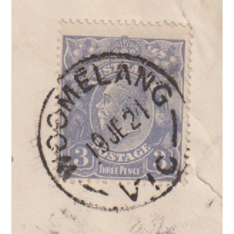(PE1011) AUSTRALIA · 1921: small slightly worn cover to Germany with 3d violet-blue KGV franking paying the sea mail rate for up to 1oz. · stamp has LARGE TRIANGULAR FLAW IN RH WATTLES variety ACSC 104m (2 images)