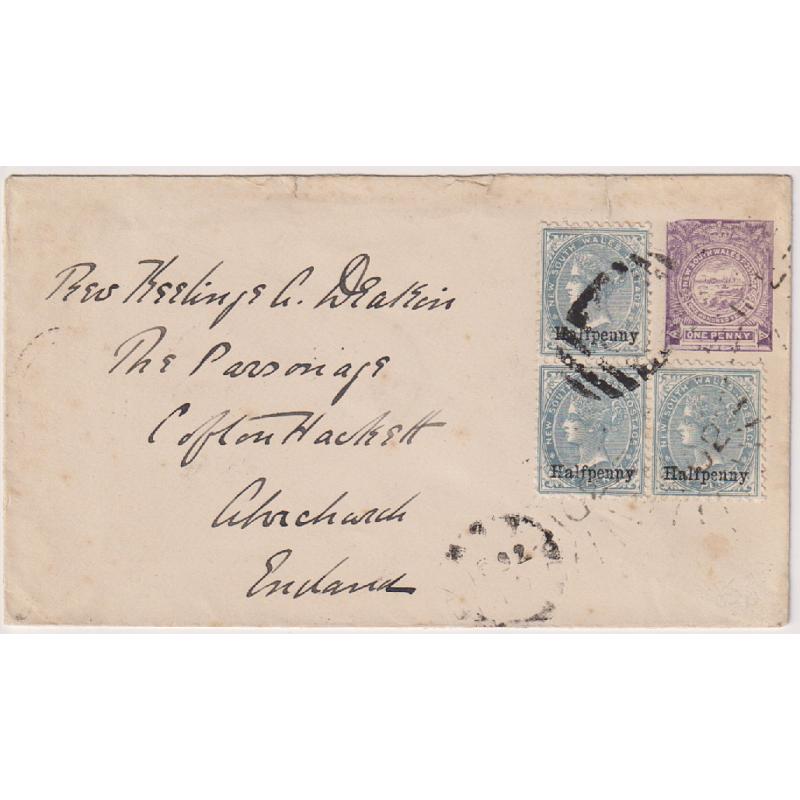 (PE1053) NEW SOUTH WALES · 1892: 1d envelope sent to G.B. from Peel uprated with 3x Halfpenny QV surcharges making up the applicable rate for up to 1oz. · opened roughly but intact and very presentable