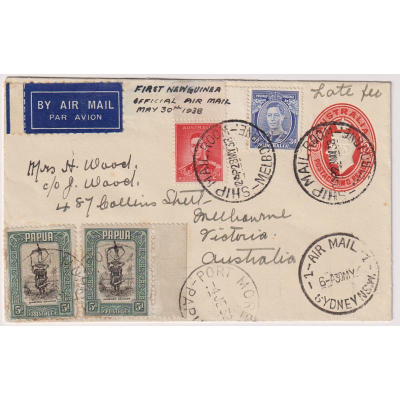 (PE1055) AUSTRALIA · 1938 (May 30th): 'Boomerang' cover carried to and from Papua from Sydney by W.R. Carpenter Airlines AAMC #812 · overall condition excellent with a range of postmarks "documenting" the journey · c.v. AU$50