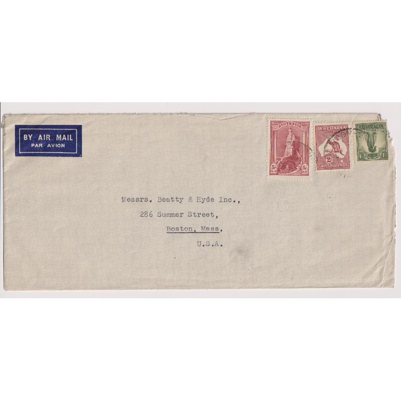 (PE1057L) AUSTRALIA · 1946: commercial air mail cover to USA with 8/- franking (5/- Robes, 2/- Roo & 1/- Lyrebird) paid the contemporary rate for up to 1oz · small corner fault o/wise in nice condition