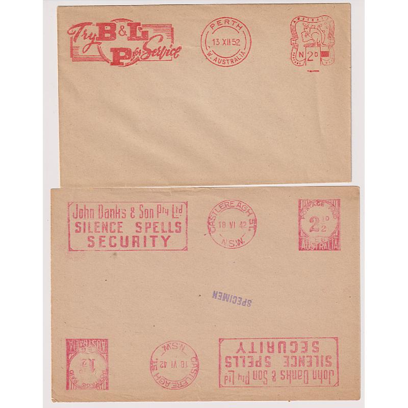 (PE1058) AUSTRALIA · 1942: cover size piece with impressions of John Danks & Son meter impression h/s SPECIMEN · also cover from 1952 w/impression  "Try B & L P for Service" (Perth) · 2 items
