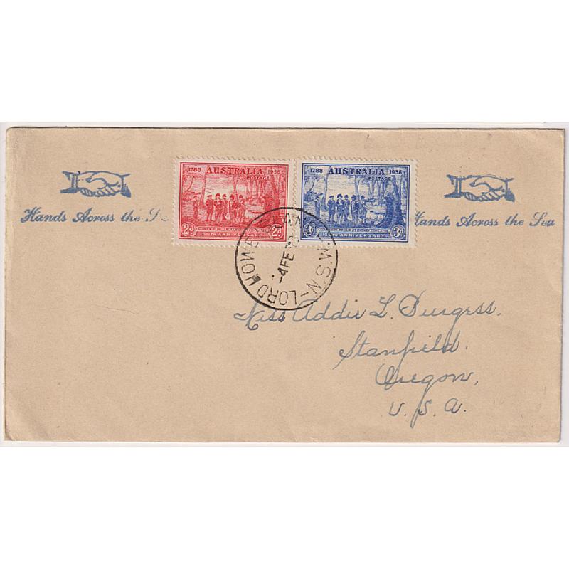 (PE1060) NEW SOUTH WALES · 1938: cover to United States with an A1 quality impression of the LORD HOWE ISLAND cds tying 2d & 3d NSW Sesquicentenary commems · fine condition