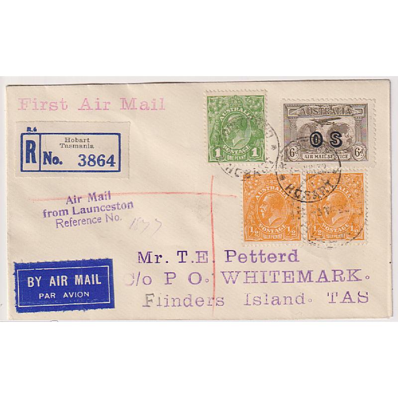 (PE1061) TASMANIA · AUSTRALIA  1932 (June 7th): attractive cover carried on the 1st regular air mail flight from Launceston to Whitemark, Flinders Is. AAMC #267 · fine condition · c.v. AU$60 (2 images)