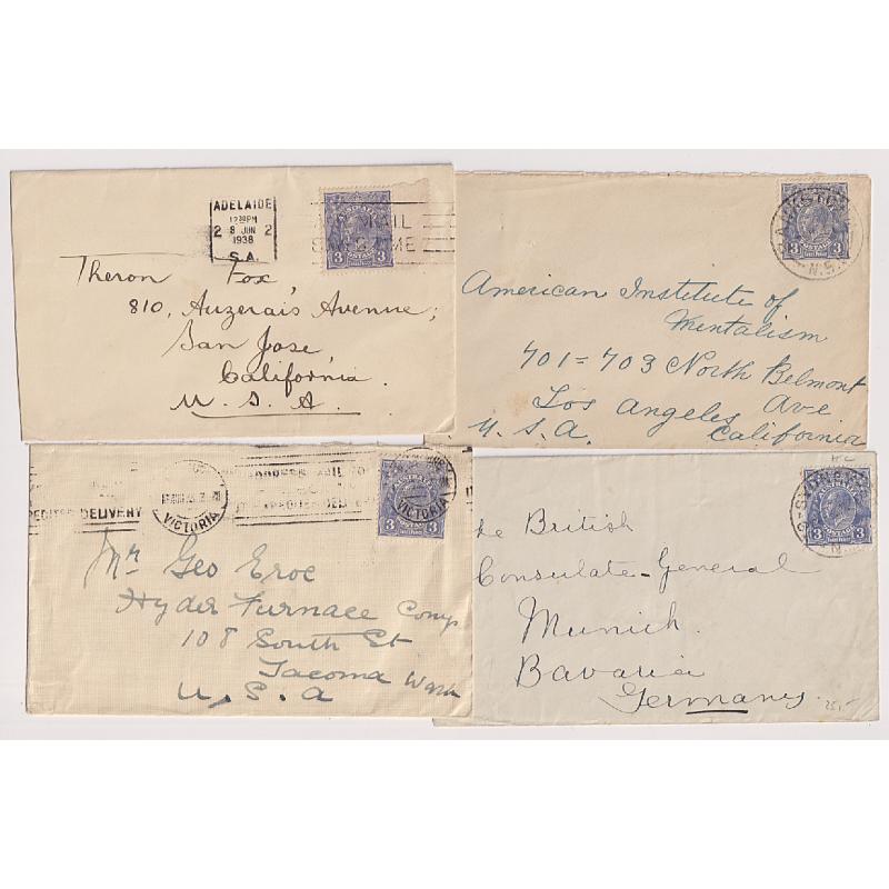 (PE1063) AUSTRALIA · 1931/38: 4 small cover to USA (3) and Germany (1) each with single 3d blue KGV defin franking · 3 identified on flap as being Die III SM wmk · excellent condition (4)