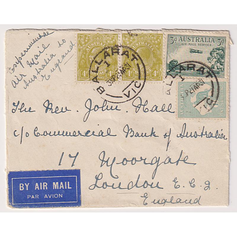 (PE1064) AUSTRALIA · 1931: attractively franked cover carried to G.B. on the return 1st Experimental Flight AAMC #188 · cachet on verso · opened on 2 sides but this does not affect the appearance at all! (2 images)
