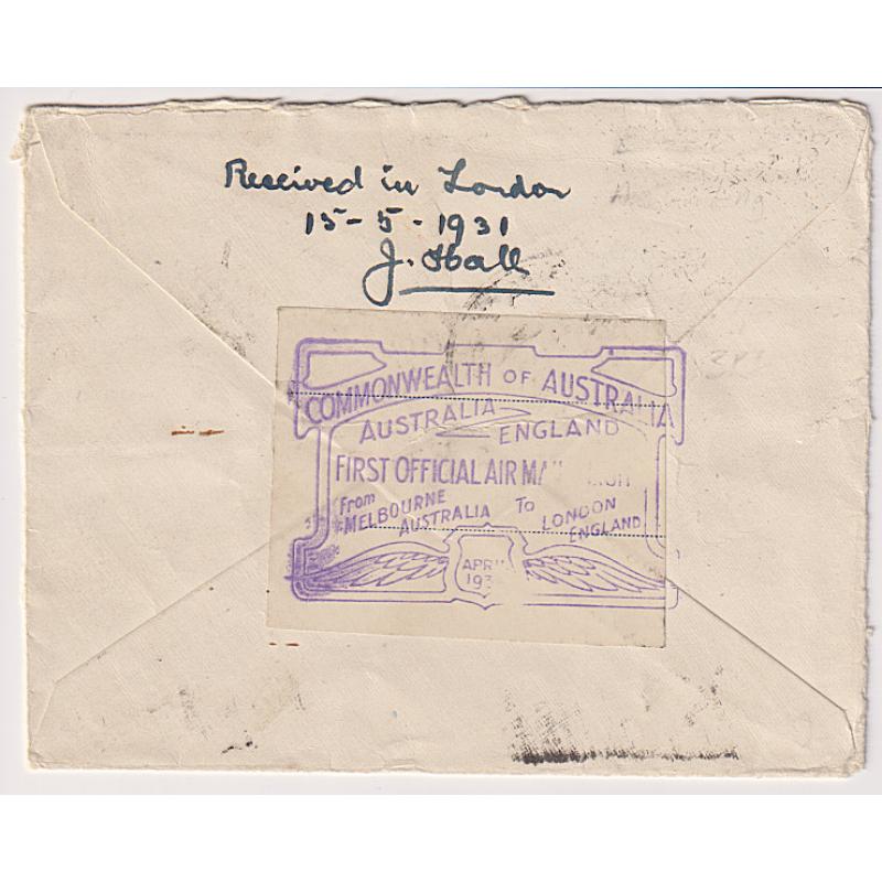 (PE1064) AUSTRALIA · 1931: attractively franked cover carried to G.B. on the return 1st Experimental Flight AAMC #188 · cachet on verso · opened on 2 sides but this does not affect the appearance at all! (2 images)