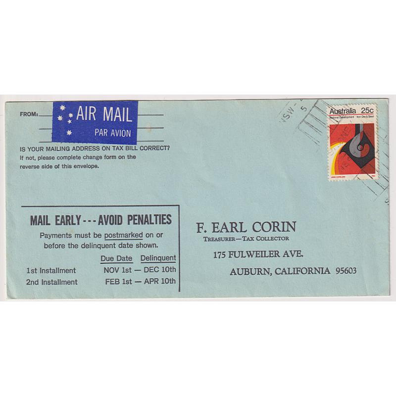 (PE1065) AUSTRALIA · 1970s: air mail cover to USA with 25c Iron Ore & Steel pictorial defin paying the correct rate for up to 20g · excellent condition · uncommon as single franking