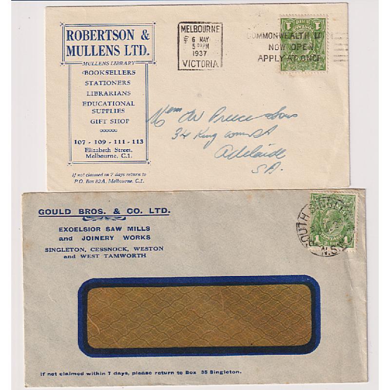 (PE1067) AUSTRALIA · 1929/37: two used advertising covers with 1d green KGV defin franking · see largest image (2)