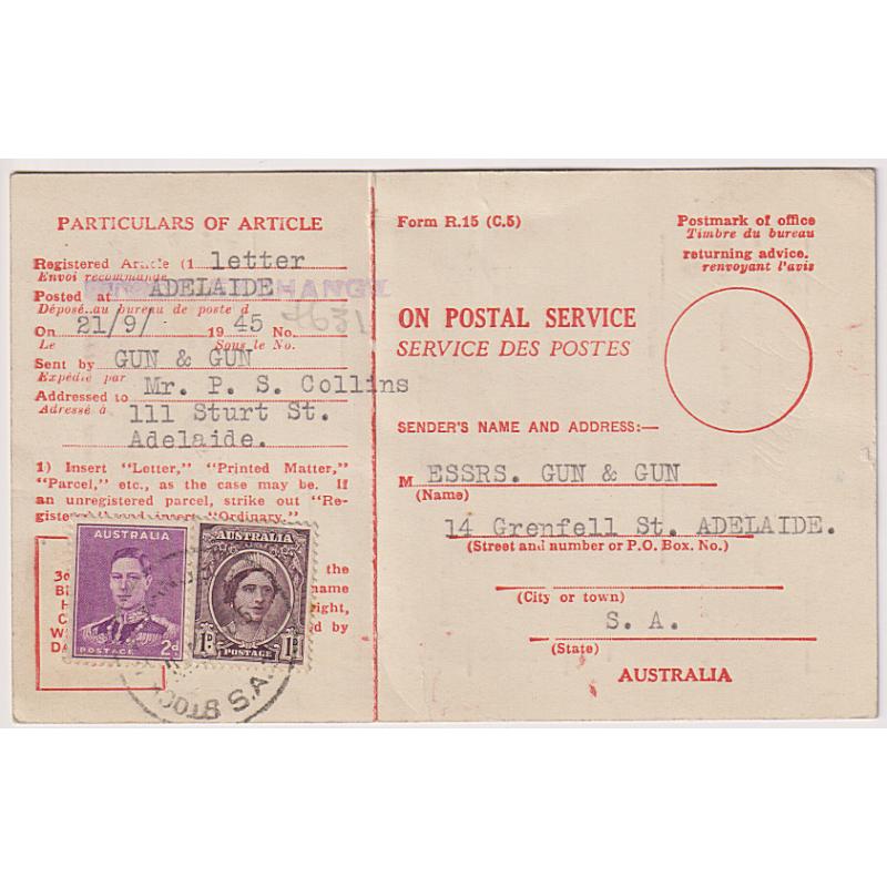 (PE1068) AUSTRALIA · 1945: ON POSTAL SERVICE card Form R.15 (C.5) 1941 printing used in SA · 1d + 2d defin franking · creased through vertical red line as often found · excellent condition