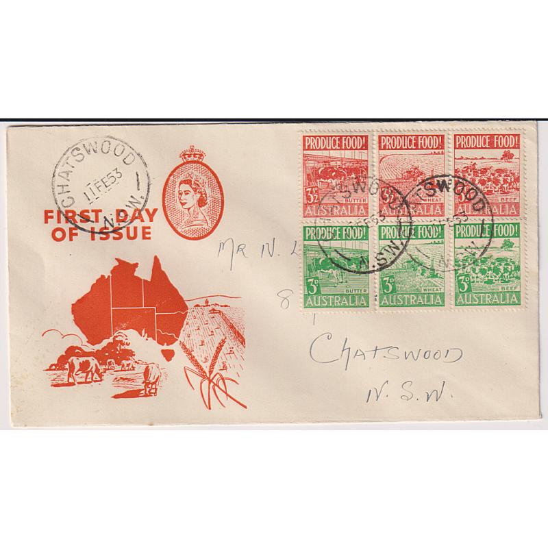 (PE1069) AUSTRALIA · 1953: "Royal" generic FDC with the cachet amended for the Produce Food issue · bears a se-tenant strip of 3 of the 3d & 3½d values · any imperfections are very minor