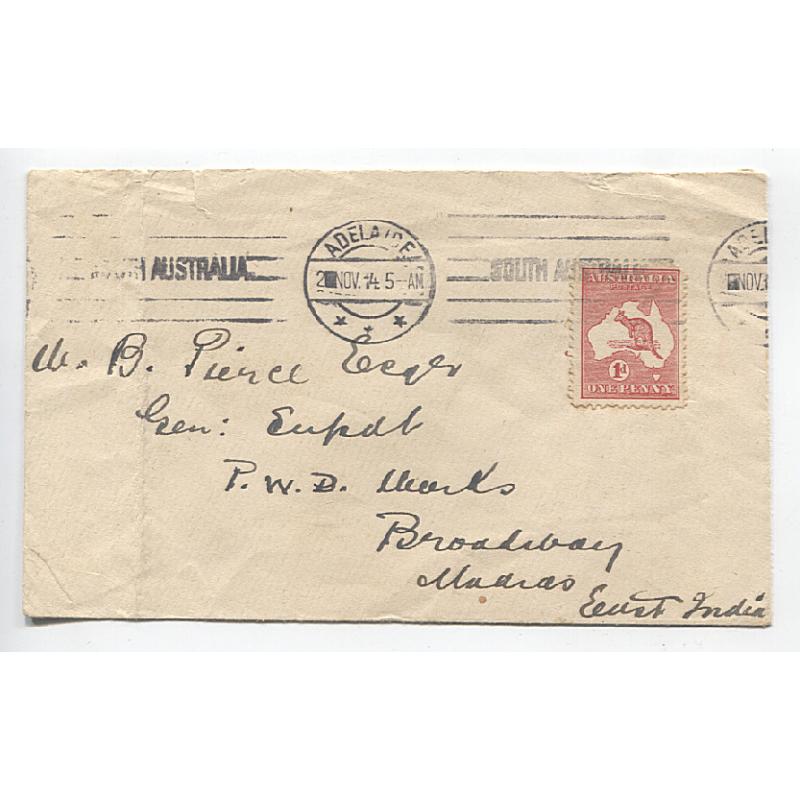 (PE1114) AUSTRALIA · 1914: commercial cover to MADRAS bearing single 1d Roo franking which paid the correct rate up to 1oz. · stamp has imperfections as does the envelope however the overall condition is quite acceptable for display