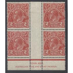 (PE15003) AUSTRALIA · 1930: MNH block of 4x Die III 2d golden scarlet KGV (SM Wmk · perf.13x12½) with Ash Imprint BW102z · see full description · c.v. for MLH block is AU$150 (2 images)