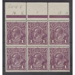 (PE15022) AUSTRALIA · 1922: MNH marginal block of 6x 1d red-purple KGV defins BW76C · selvedge has some perf separation · vendor has identified some unlisted varieties · lovely colour and gum condition · total c.v. AU$210 (2 images)