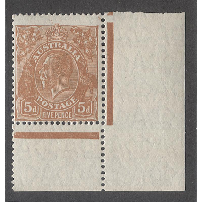 (PE15023) AUSTRALIA · 1930: MNH 5d orange-brown KGV defin (SM Wmk · perf.13½x12½) w/variety RETOUCHED NE CORNER B/W 126k (2R/60 w/hinged corner selvedge) · fine condition · c.v. AU$150 for mint (2 images)