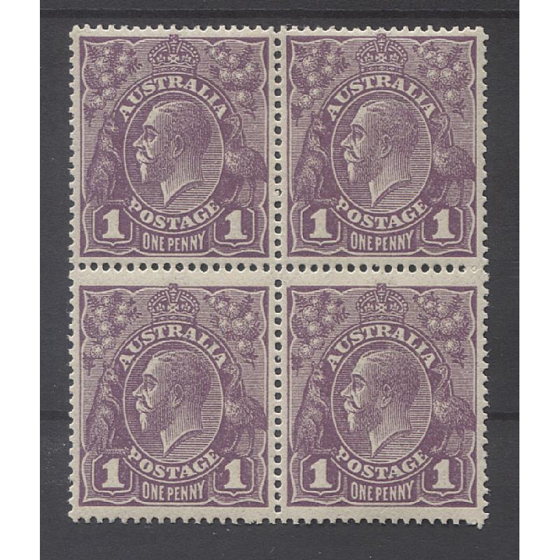 (PE15025) AUSTRALIA · 1922: MLH/MNH block of 4x 1d red-purple KGV the LR unit showing NOTCHED NW CORNER variety BW 76C(3)p · gum is very lightly 'tanned' o/wise the multiple is in fine condition · total c.v. AU$105 (2 images)