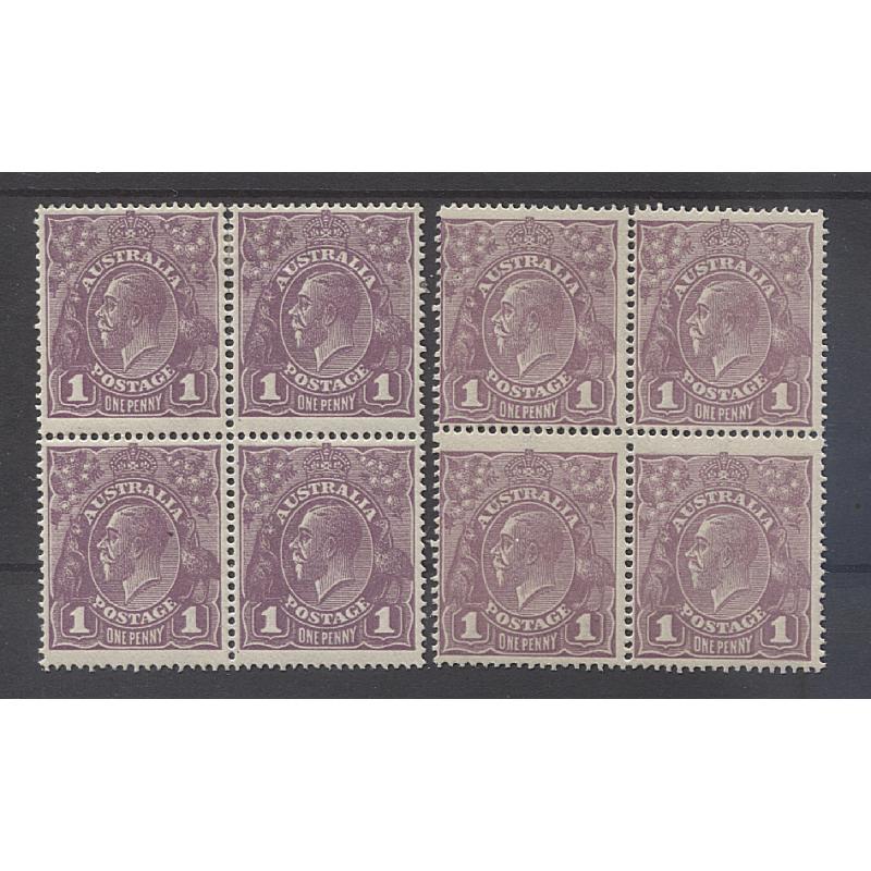 (PE15028) AUSTRALIA · 1922: MNH block of 4x 1d pale violet and M/MNH block of 4x 1d red-purple KGV defins SG57 (BW lists 9 shades) · excellent to fine condition front & back · total c.v. £72 (2 images)