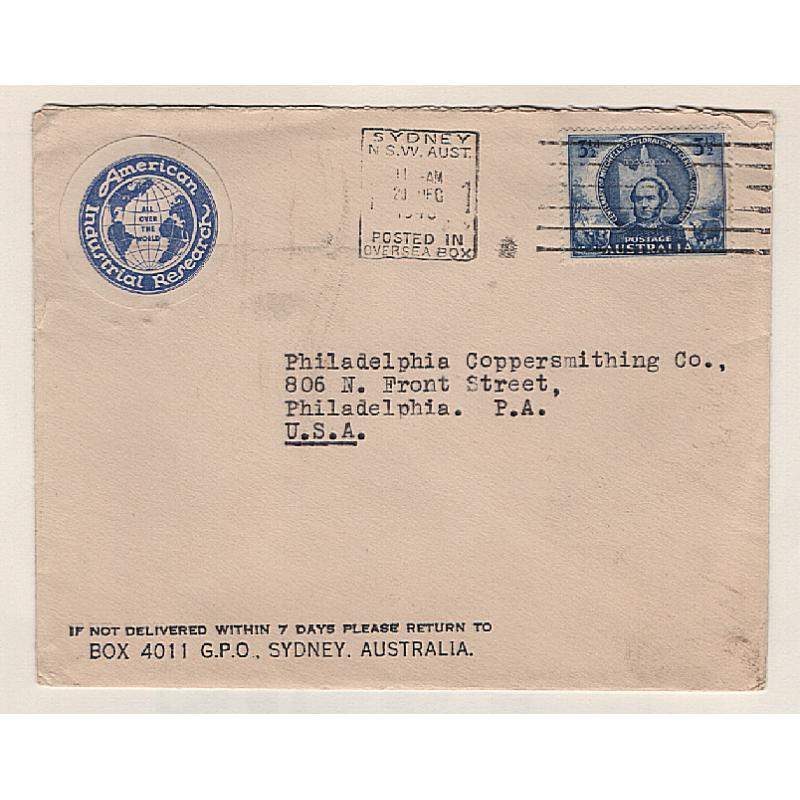 (PE15030) AUSTRALIA · 1946: commercial cover to USA with single 3½d Mitchell commemorative franking paying the sea mail rate for up to 1oz. · excellent condition · $5 STARTER!!
