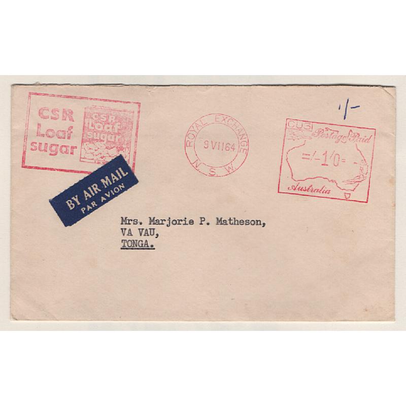 (PE15031) AUSTRALIA · 1964: commercial cover to Tonga addressed to author Marjorie Matheson · 1/- rate paid using a postage meter impression with advertising die · nice condition · $5 STARTER!!
