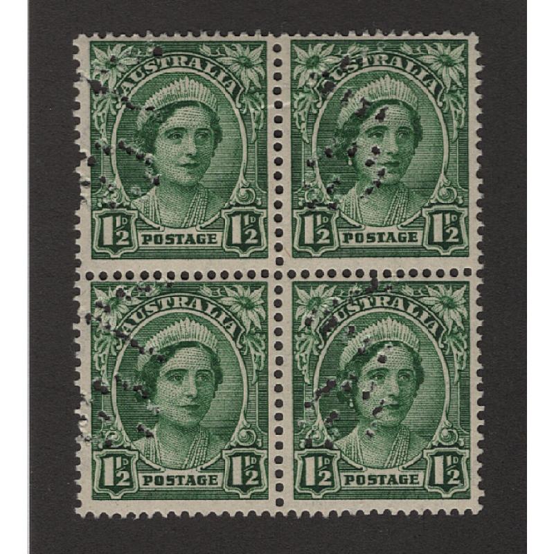 (PE15035) AUSTRALIA · VICTORIA  1940s: MNH block of 4x 1½d green QE definitive with DOUBLED VG perfins · light wrinkle through top stamps barely visible from front (4)  $5 STARTER!!