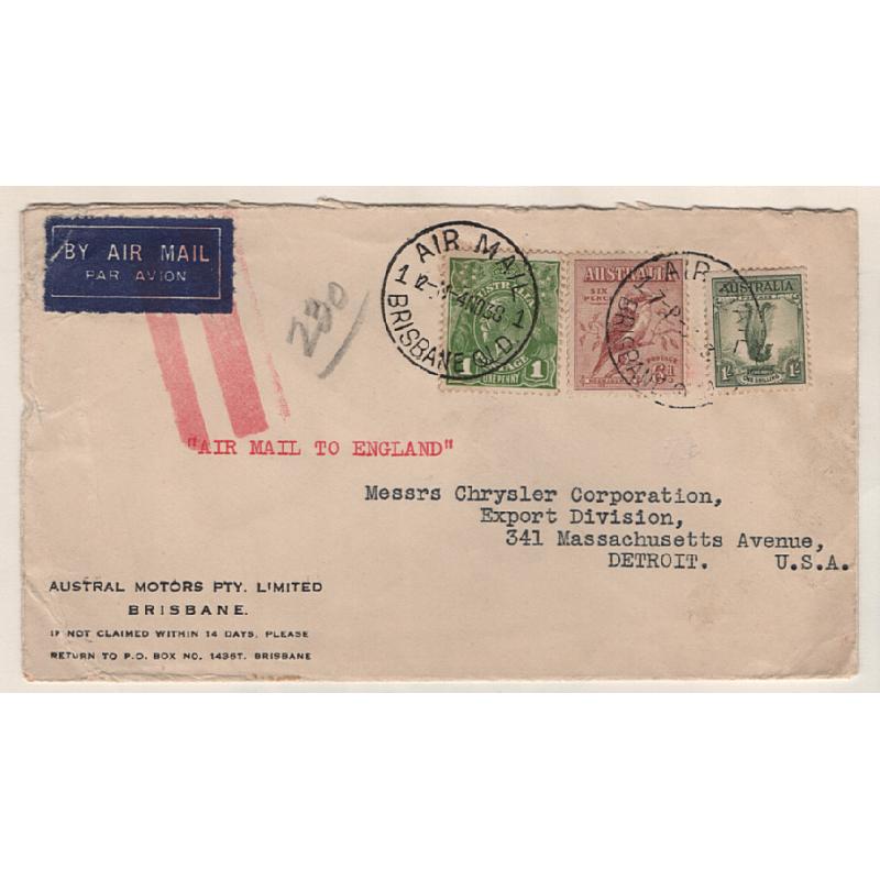 (PE15038) AUSTRALIA · 1938: commercial cover carried by air mail to G.B. and then onforwarded by sea mail to the United States · note air service terminated at London with red h/stamp · excellent condition