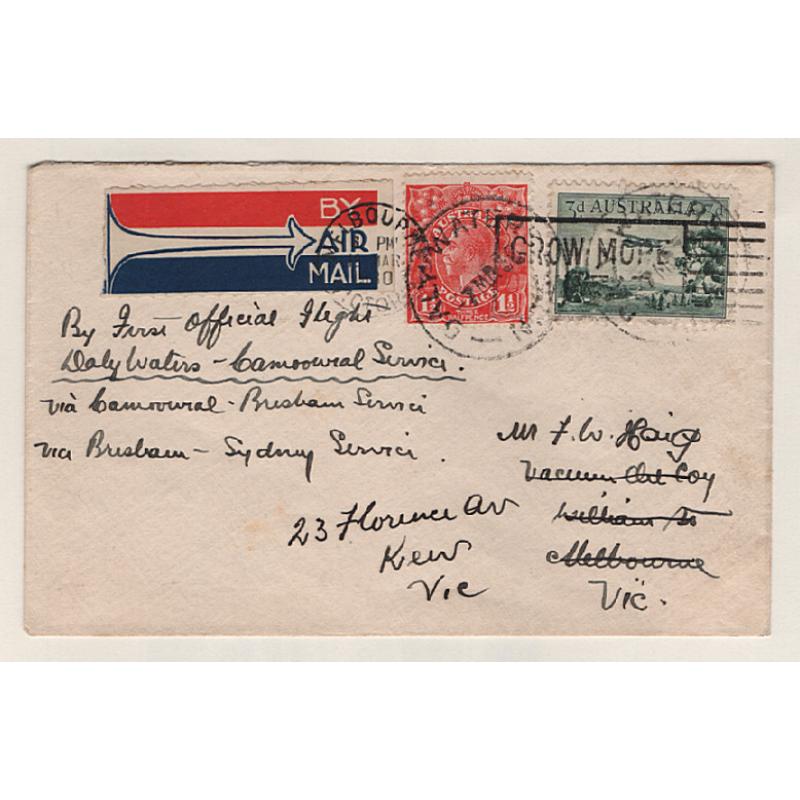 (PE15042) AUSTRALIA · 1930: cover carried of the 1st official air mail flight from DALY WATERS to CAMOOWEAL AAMC #152 and then onforwarded to Melbourne where re-directed on arrival · c.v. AU$350 · only 30 covers flown!