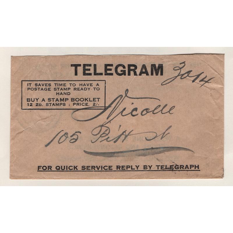 (PE15044) AUSTRALIA · 1931: used TELEGRAM envelope with promotional text front and back · excellent clean condition (2 images)