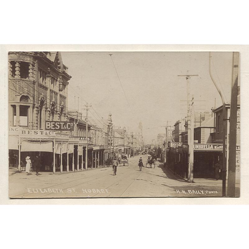 (PG10002) TASMANIA · c.1915: unused real photo card by H.H. Baily w/view ELIZABETH ST HOBART (looking towards GPO from Brisbane Street intersection) · original photo pre-dates this print by about 5 years · nice condition