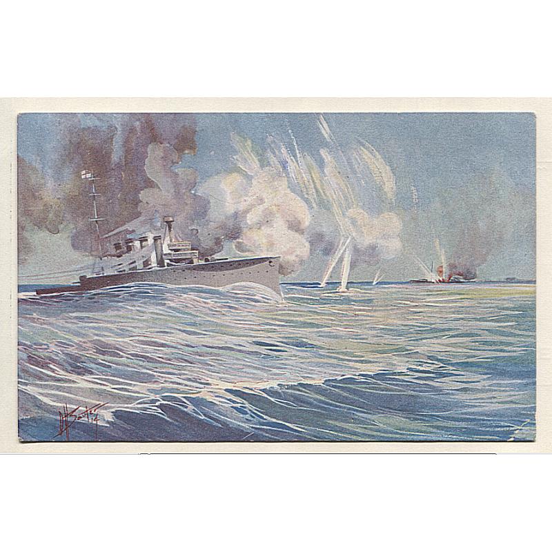 (PG10005) AUSTRALIA · 1914/15: card with painting by Rudolf H. Salter captioned H.M.A.S. "Sydney" off Cocos Island engaging the "Emden" · corner crease o/wise in excellent condition
