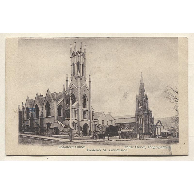 (PG10009) TASMANIA · 1905: undivided back card possibly by R. Jolley w/view of CHALMERS and CHRISTCHURCH CONGREGATIONAL CHURCHES at Launceston · postally used to Berlin and in excellent condition