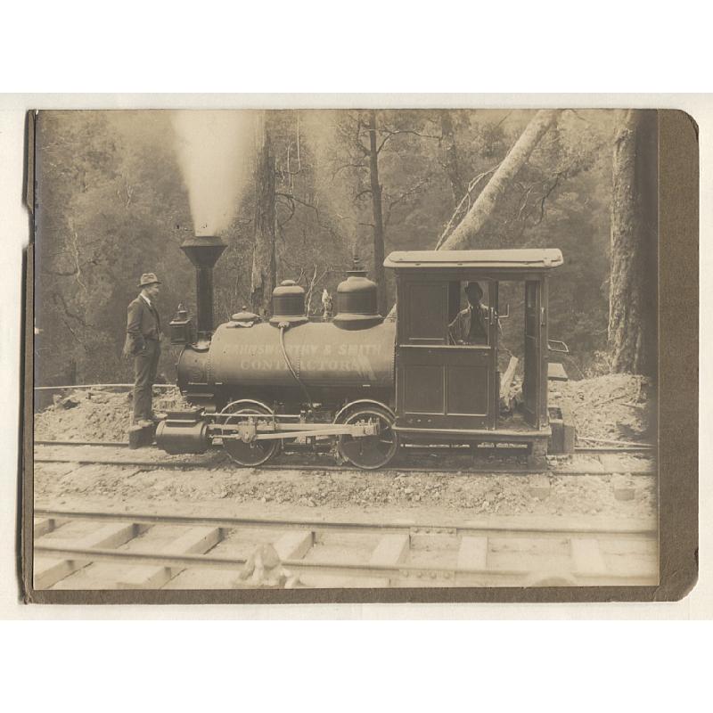 (PG10014L) TASMANIA · 1890s: large photograph showing a SHARP STEWART & CO. locomotive used during the construction of the MT LYELL RAILWAY to Strahan ~ also photo of an unidentified loco also used by contractors · see full description (2)
