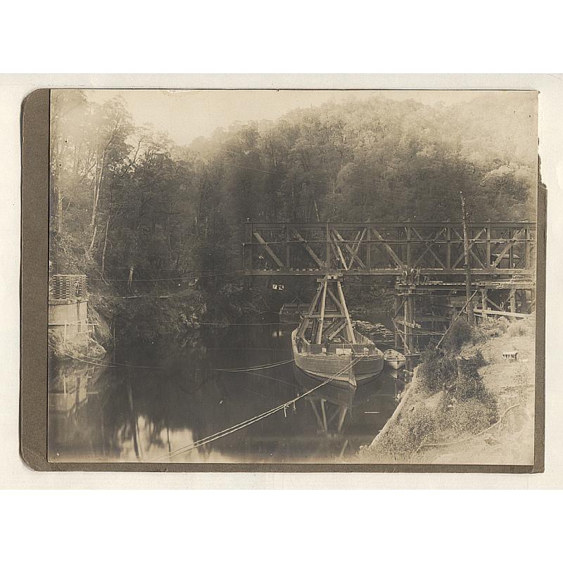 (PG10016L) TASMANIA · 1890s: large photograph showing the RAILWAY BRIDGE AT TEEPOOKANA under construction mounted to a cardboard album page ~ also photo of the busy port on the KING RIVER · see full description