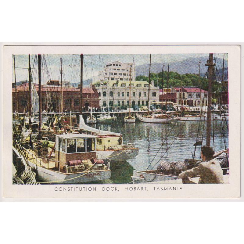 (PG1006) TASMANIA · 1958: "Dear Doctor" advertising card for Pentothal w/view of CONSTITUTION DOCK, HOBART postally used to the USA · fine condition (2 images)· $5 STARTER!!