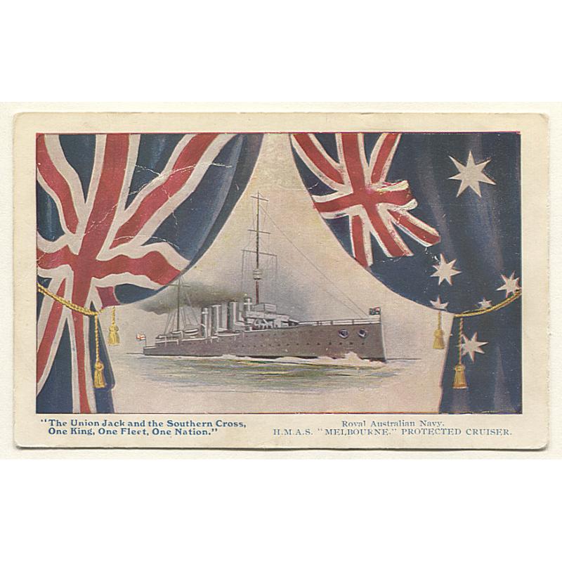 (PG15004) AUSTRALIA · c.1917: "War with Germany and Austria Campaign 1914-17" PATRIOTIC POST CARD with flags and an illustration of the H.M.A.S. "Melbourne · excellent condition
