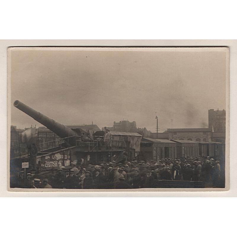 (PG15010) FRANCE · 1918: unused real photo card w/view of a GERMAN RAILWAY GUN which was captured by the British 4th Army and later displayed in Sydney as "Baby Bertha" · fine condition