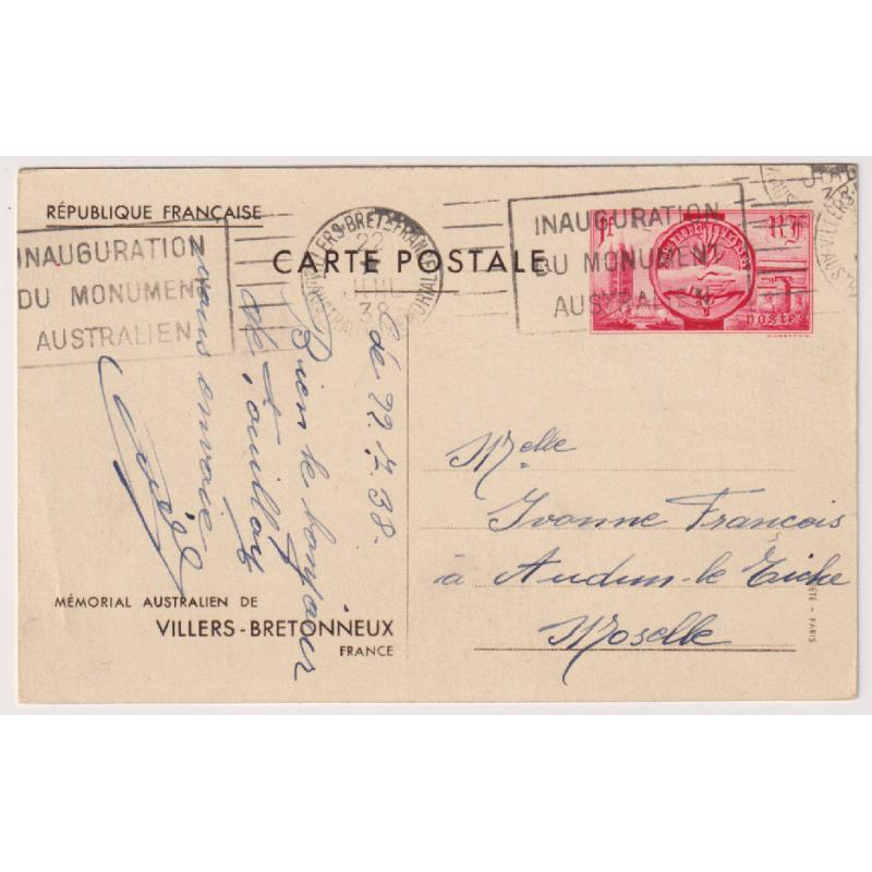(PG15013) FRANCE · AUSTRALIA  1938: postally used card with an image relating to the Australian War Memorial at Villers-Bretonneux · very nice condition