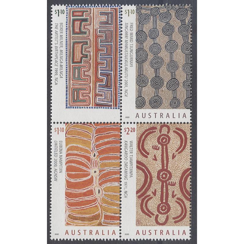(PM10000) AUSTRALIA · 2020: MNH se-tenant block of 4 Desert Art issue from AP Yearbook Collection with variety 'AUSTRALIA' missing from $1.10 Boxer Milner issue · current "Melbourne Retail" = AU$75