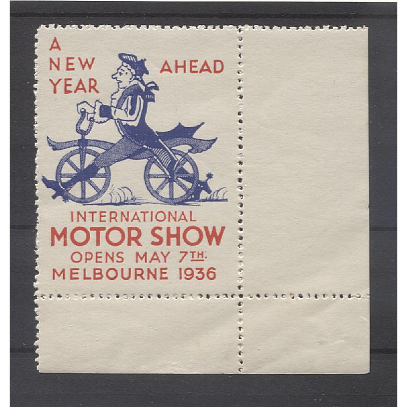 (PM10017) AUSTRALIA · VICTORIA  1936: INTERNATIONAL MOTOR SHOW MELBOURNE poster stamp · some very minor imperfections on the gum side · lovely fresh appearance from the "business side" - uncommon in my experience