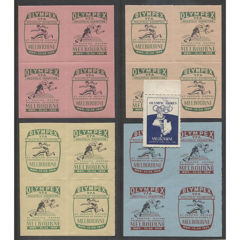 (PM15007) AUSTRALIA · 1956: Olympic Games single poster stamp plus 4 different blocks of 4x VPA "OLYMPEX" promotional labels · condition as per largest image · 5 items